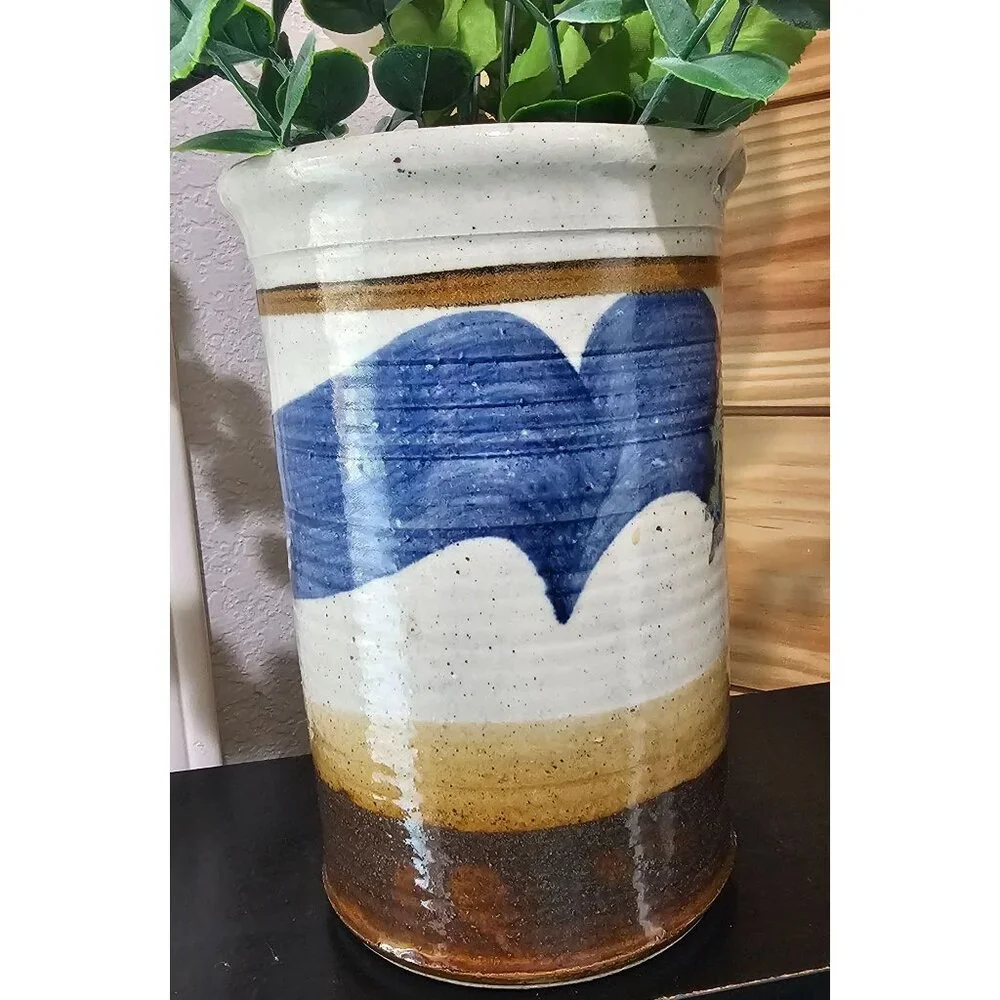 Signed Studio Pottery Vase Cream‎ Blue Brown 7